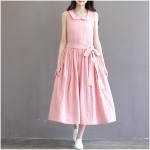 Womens Summer Dresses High Waist Pink Cotton Dress Peter Pan Collar Vestidos Longos Vintage Dresses Size M-2XL