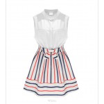 Womens Summer Style Fashion Stand Collar Stripes Spell Color Slim Sleeveless Dress Plus Size PA3251