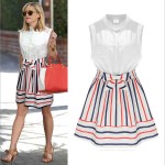 Womens Summer Style Fashion Stand Collar Stripes Spell Color Slim Sleeveless Dress Plus Size PA3251