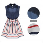 Womens Summer Style Fashion Stand Collar Stripes Spell Color Slim Sleeveless Dress Plus Size PA3251