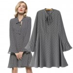 Work Office dress Women 5XL plus size Tops Dot Bow Tie Pattern dresses Women Clothing Autumn Knee-Length Flare Sleeve Casual 