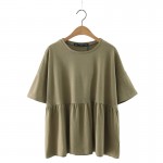 X621 women brief solid color pleated half sleeve casual t shirt ladies o neck t-shirts tee tops 