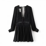 X721 breetrendy fashion women solid color deep v neck lace hollow out split back sweet beach dress ladies BOHO dresses vestidos