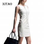 [XITAO] 2015 European fashion autumn O-Neck PU leather white dress temperament pure color high quality female pu dress, MF-017