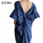 [XITAO] 2016 Korea style women back fold solid color half sleeve V-Neck long dress casual female flare sleeve loose dress HJF019