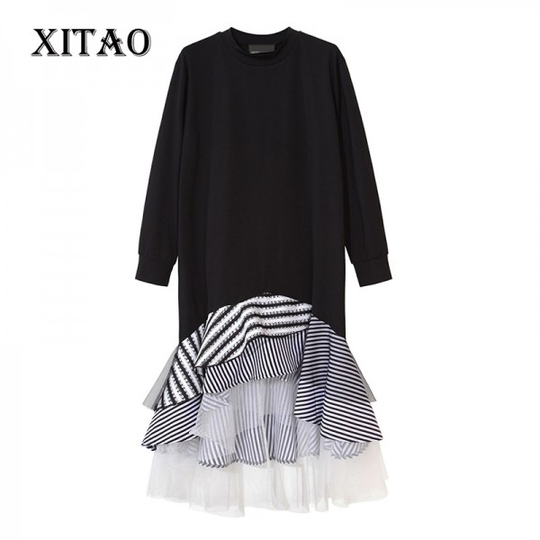 [XITAO] 2016 Street tide women splicing striped pleated hem female long sleeve Pullover ruffles O-neck knee length dress ML024