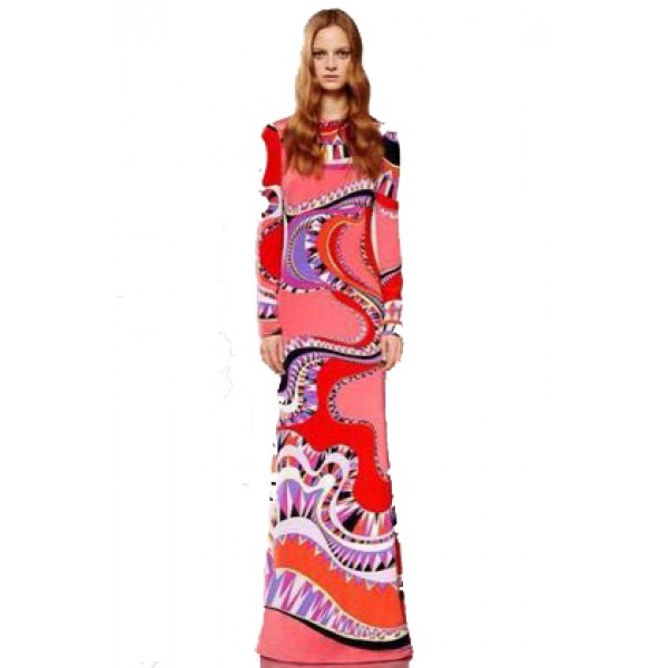 XXL Women's 2015 Spring New Arrival Luxury Brands Long Sleeves Colourful Bohemian Print Straight Jersey Silk Maxi long Dress