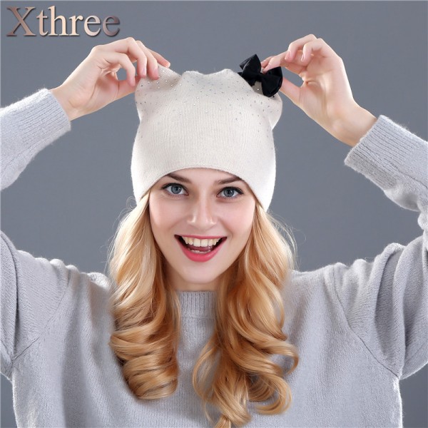 Xthree Rabbit fur wool knitted hat winter spring Skullies beanies hat for women girls kitty hat feminino