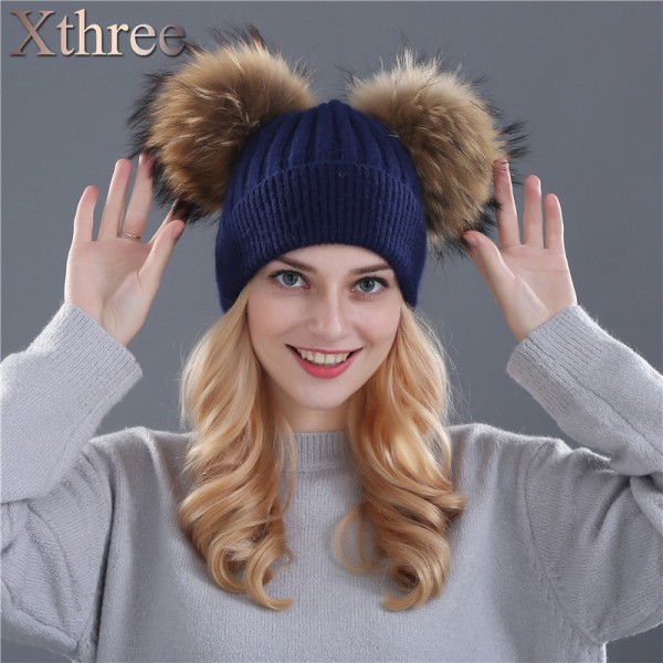 Xthree winter hat for women wool knitting beanies natural fur double pom poms Skullies girls hat feminino