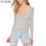 YI-NOKI Sexy V Neck T-shirt Women Stripe Long Sleeved T shirt Irregular Bandage Women Tops Casual Tee Shirt Femme Tshirt