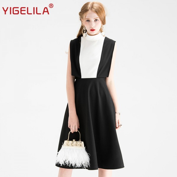 YIGELILA 61354 Latest Women Elegant Stand Neck Black White Patchwork Sleeveless A-line Knee-length Work OL Dresses