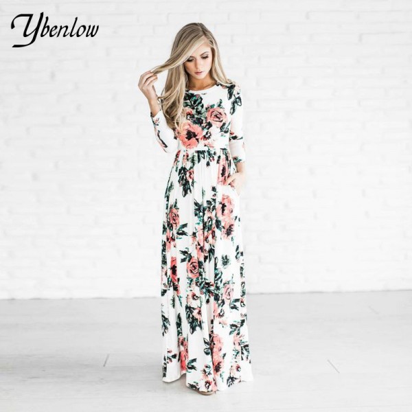 Ybenlow 2017 Women Dresses Long Fashion Printed Maxi Dress O-neck Three Quarter Sleeve Empire Flower Floor-length Summer Dress