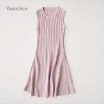 Yeeshan Brand Knitting Vest Dress Autumn Women Solid O-Neck Sleeveless Above Knee Slim Tank Top Vertical Striped Fashion Dresses