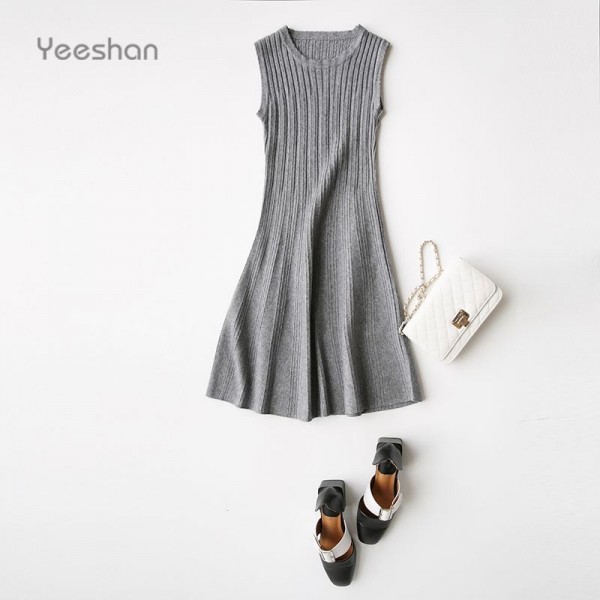 Yeeshan Brand Knitting Vest Dress Autumn Women Solid O-Neck Sleeveless Above Knee Slim Tank Top Vertical Striped Fashion Dresses