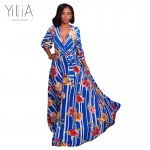 Yilia 2017 Long Dress Women Casual Summer Stripe Floral Print Deep V Neck Floor Length Puff Sleeve Sexy Maxi Beach Party Dresses