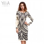 Yilia Women Autumn Spring Vintage Dress Long Sleeve Print Floral Dress Women Retro Vintage Elegant Tunic Vestido Sexy Hollow Out