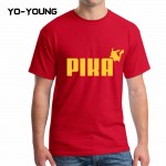 Yo-Young Men T Shirts Spoof LOGO POKEMON Pika GO Golden PU Printed 100% 180g Combed Cotton Casual Funny T shirts Customized