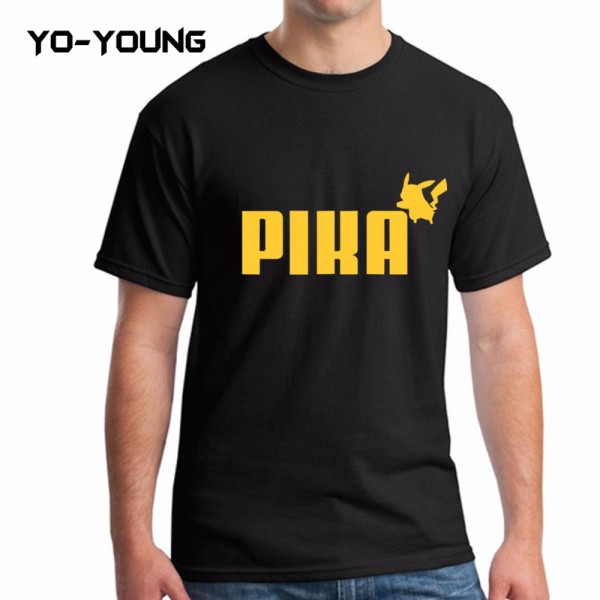 Yo-Young Men T Shirts Spoof LOGO POKEMON Pika GO Golden PU Printed 100% 180g Combed Cotton Casual Funny T shirts Customized