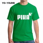 Yo-Young Men T Shirts Spoof LOGO POKEMON Pika GO Golden PU Printed 100% 180g Combed Cotton Casual Funny T shirts Customized