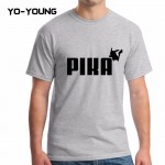 Yo-Young Men T Shirts Spoof LOGO POKEMON Pika GO Golden PU Printed 100% 180g Combed Cotton Casual Funny T shirts Customized