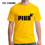 Yo-Young Men T Shirts Spoof LOGO POKEMON Pika GO Golden PU Printed 100% 180g Combed Cotton Casual Funny T shirts Customized