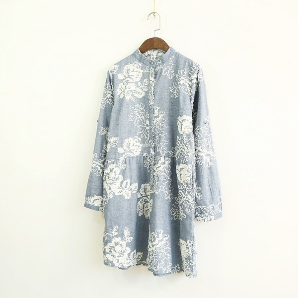 YoYiKamomo 2017 women cotton linen dress print embroidery flower dress  long sleeve dress flowers