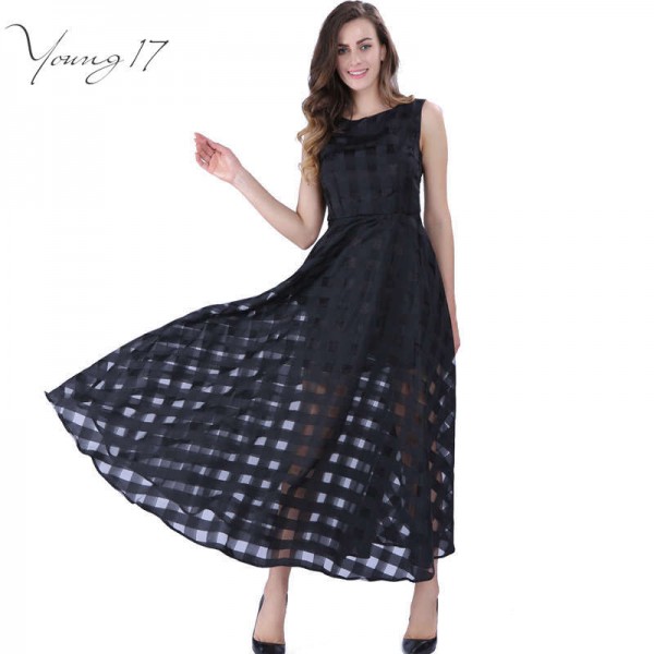 Young17 16 Maxi Summer Plaid Women Dress New Long Organza day Dress Vestidos De Festa Satin Fashion style black women dresses