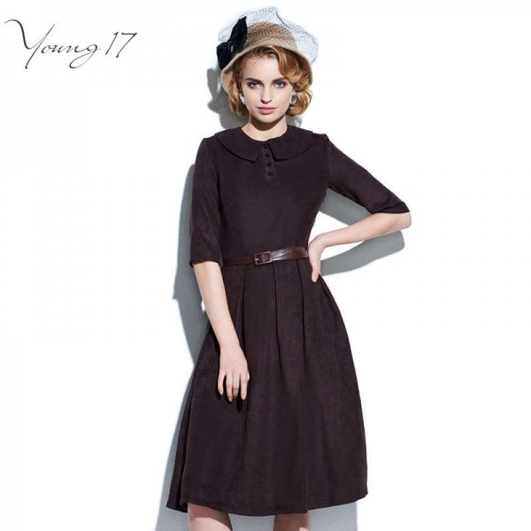 Young17 Day Dress Vintage Women Lapel Half Sleeve Autumn Dress Pleated A-line Slim Women Party Dresses Vintage 1950s Style Retro