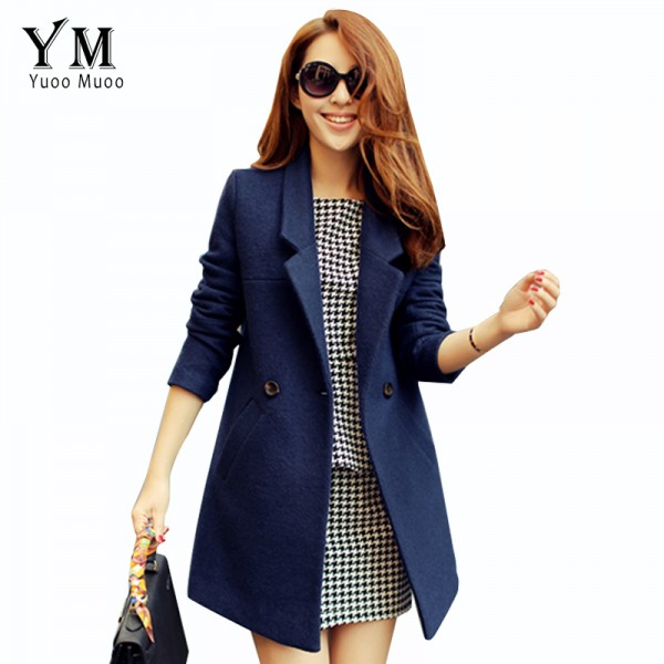 YuooMuoo 2016 Autumn Winter Coat Women Wool Coat Female Overcoat High Quality Brand Medium Long Blue Woolen Jacket Women Coat