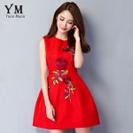 YuooMuoo New Women Dress European Style Elegant Rose Embroidery Dress A-line Short Party Dresses Red Dress for Women