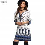 ZAFUL 2017 New Spring Women Vintage Dress V-neck Print Long Sleeve dress Loose Casual dress Mini Ethnic Dress Feminino Vestidos