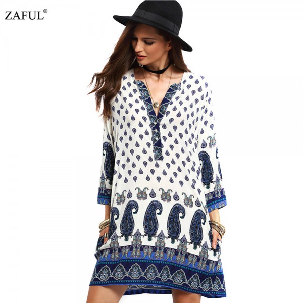 ZAFUL 2017 New Spring Women Vintage Dress V-neck Print Long Sleeve dress Loose Casual dress Mini Ethnic Dress Feminino Vestidos