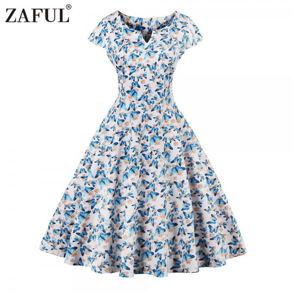 ZAFUL 2017 Vintage Butterfly Print Summer Dress Women Robe Rockabilly Feminino Vestidos Hepburn 50s 60s retro dresses Plus Size