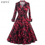 ZAFUL 2017New 3/4 Cuff Sleeves Women Rose Flower Print Vintage Dress Party Prom Swing Rockabilly Retro Casual Feminino Vestidos