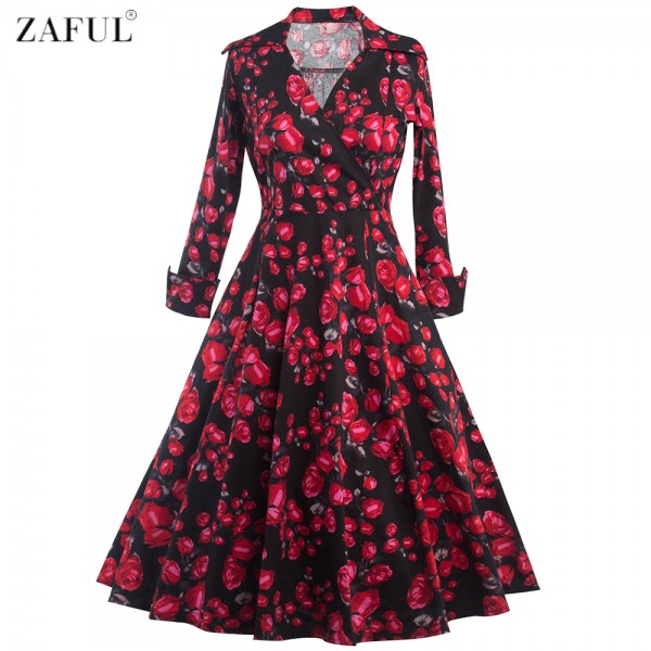 ZAFUL 2017New 3/4 Cuff Sleeves Women Rose Flower Print Vintage Dress Party Prom Swing Rockabilly Retro Casual Feminino Vestidos