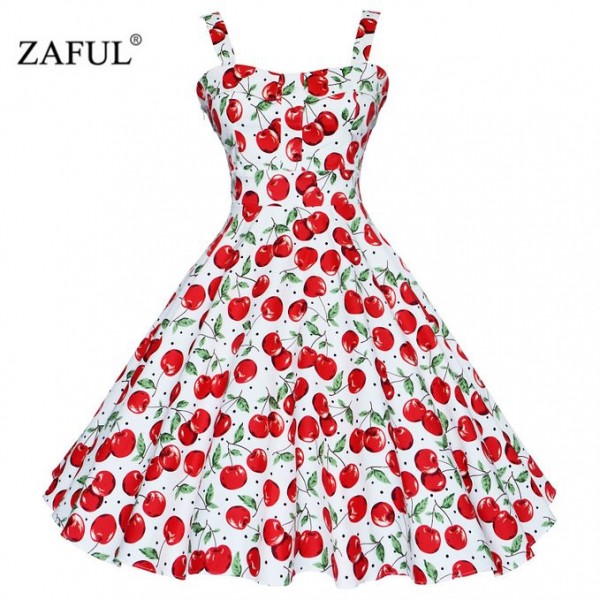 ZAFUL 4XL Women Dress Summer Sleeveless Casual Retro Vintage 1950s 60s Cherry Big Swing Mini Floral Dresses Big Plus Size