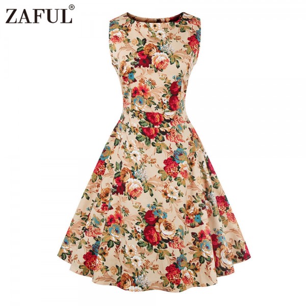 ZAFUL 4XL Women summer vintage Dress Audrey Hepburn 1950 60S O neck Sleeveless Floral Print Patry Retro Dress Female Vestidos