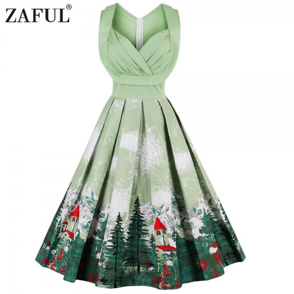 ZAFUL Brand 2017 Vintage V Neck print Women Dress Retro Robe Rockabilly Hepburn 50s Party dresses Plus Size Feminino Vestidos