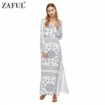 ZAFUL Brand 2017 Women Boho Ethnic Print Maxi Dress Vintage Long Flare Sleeve Retro Casual Party Dresses Long Dress