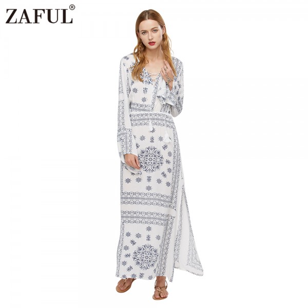 ZAFUL Brand 2017 Women Boho Ethnic Print Maxi Dress Vintage Long Flare Sleeve Retro Casual Party Dresses Long Dress