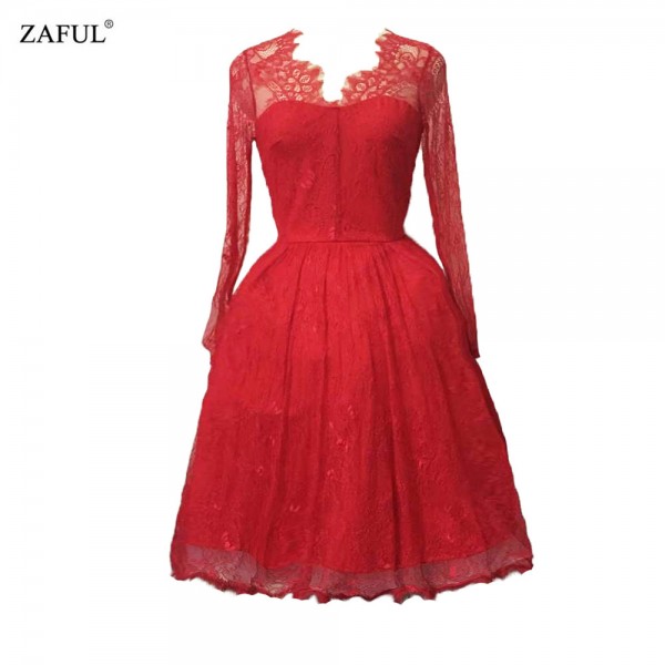 ZAFUL Brand Elegant Style Women Lace Crochet 60s Vintaeg Dress V Neck Long Sleeves Party Prom Ball Gown Swing Feminino Vestidos