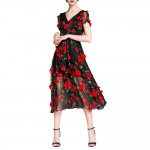 ZAFUL Brand Women Summer Cocktail Party Flower Dress Elegant A Line Rose Floral Mid-Calf Appliques Dress Club Vestidos de feast 