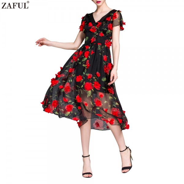 ZAFUL Brand Women Summer Cocktail Party Flower Dress Elegant A Line Rose Floral Mid-Calf Appliques Dress Club Vestidos de feast 