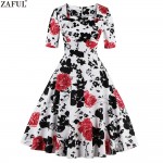 ZAFUL Elegance Style Women Rose Floral Print Vintage Dress 60s Swing Retro Party Dress Feminino Vestidos 2018 New Summer Dresses