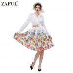 ZAFUL Floral Print Cotton Women White Dress Long Sleeves Belts Party Ball Gown Plus Size Retro Swing Dresses Feminino Vestidos