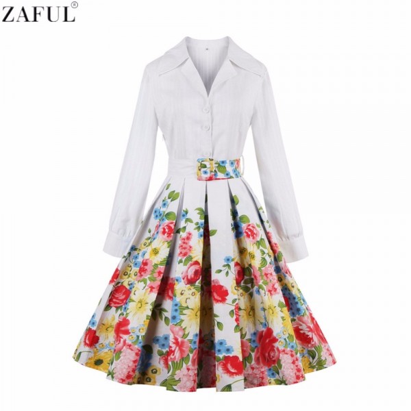 ZAFUL Floral Print Cotton Women White Dress Long Sleeves Belts Party Ball Gown Plus Size Retro Swing Dresses Feminino Vestidos