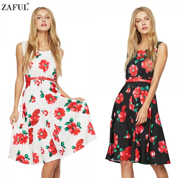 ZAFUL Floral Sleeveless Belts Vintage Dress O Neck A-Line 60s Retro Swing Party Feminino Vestidos Cotton Summer Casual Sundress