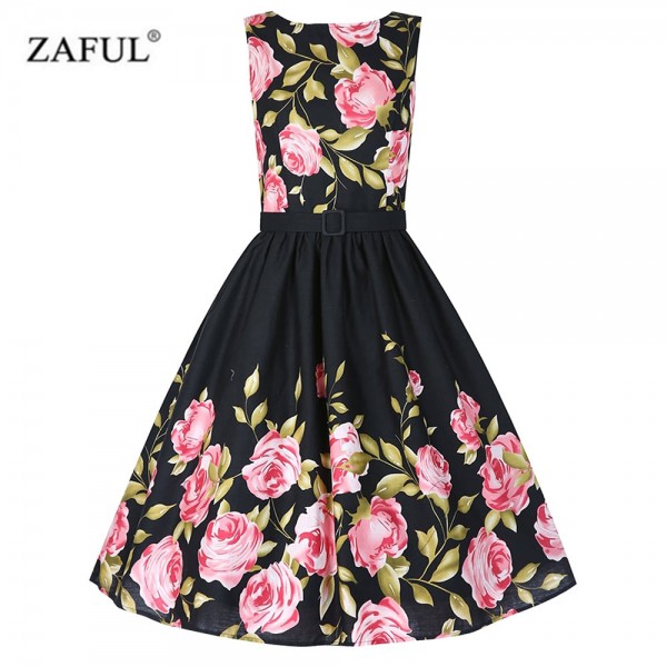 ZAFUL L~4XL Black Rose Floral Summer Women Dress Aurdey Vintage o-neck sleeveless Dress ball gown Casual party Feminino Vestidos