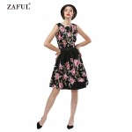 ZAFUL L~4XL Black Rose Floral Summer Women Dress Aurdey Vintage o-neck sleeveless Dress ball gown Casual party Feminino Vestidos