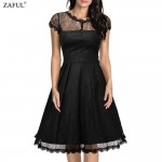 ZAFUL New Black Women Retro Dress Audery Vintage Elegant 1950S 60S Short Sleeve Big Hem Lace Party Dresses Feminino Vestidos